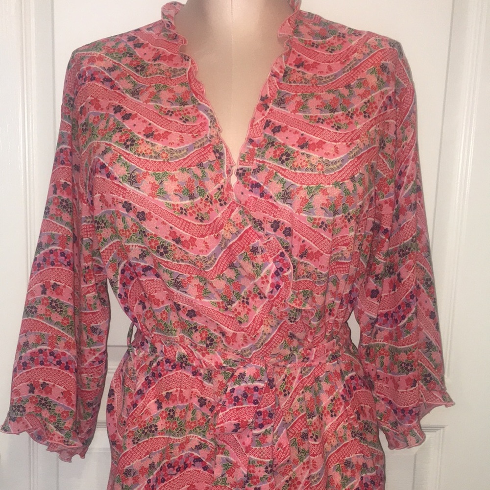 🥂JOSIE by NATORI Pink & Red Floral Print Mid-Length Robe with Ruffle Detail M